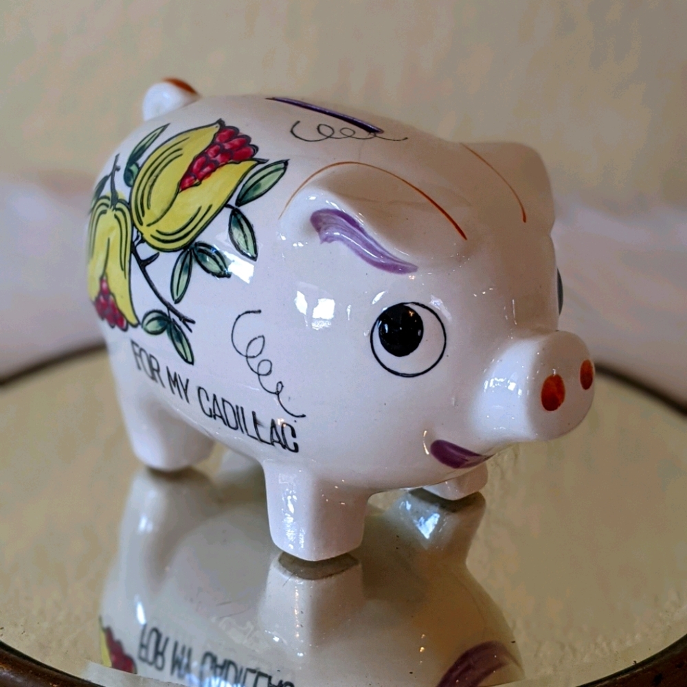 Vtg L&M Majolica Piggy Bank "For My Cadillac"
